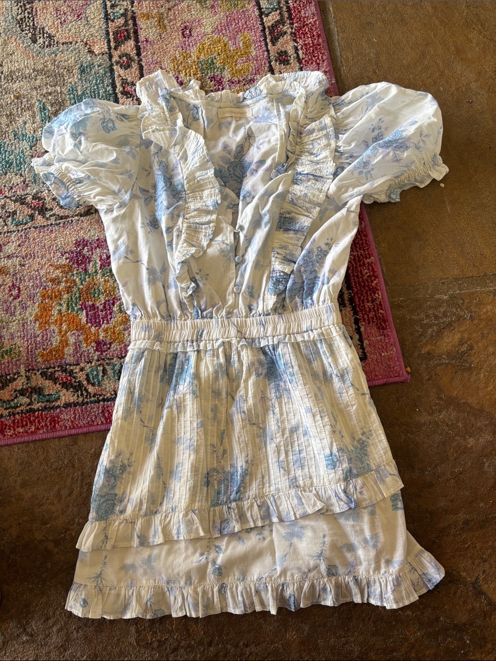 LoveShackFancy White and Light Blue Ruffle Tiered Dress - Kids Small